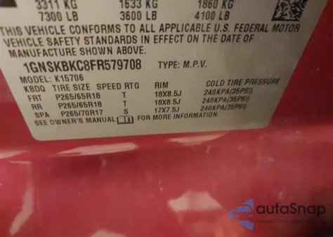 2015 Chevrolet Tahoe Lt z USA, uszkodzony, nr VIN 1GNSKBKC8FR579708